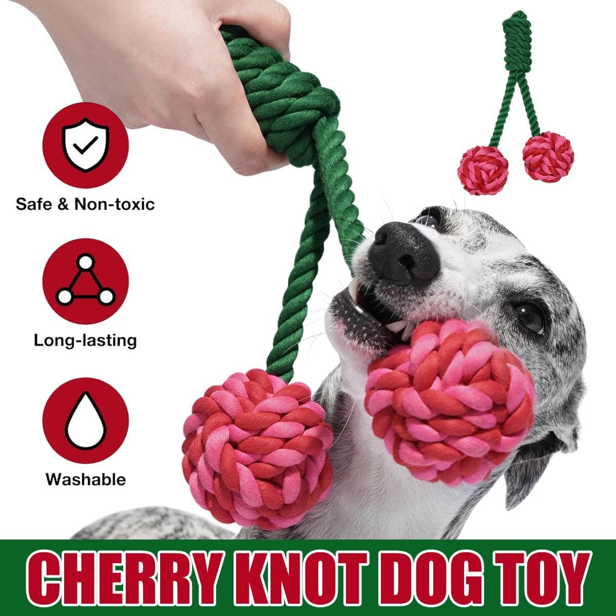 Cotton Rope Dog Toy Cherry Knot Ball Chew and Tug, Green and Red