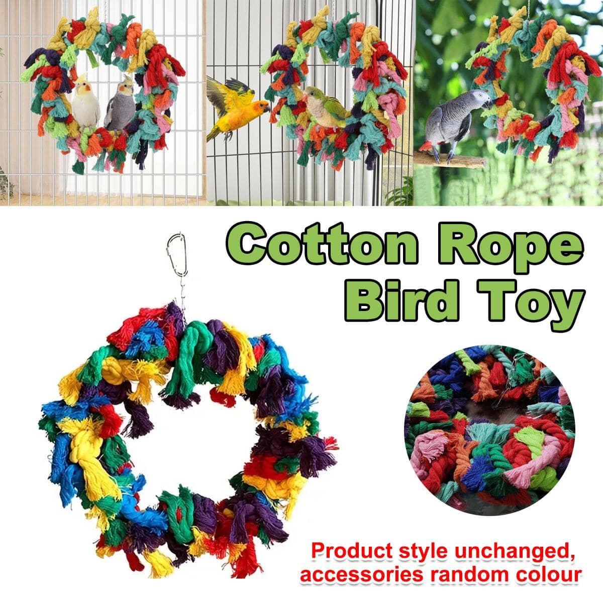 Cotton Rope Ring Bird Chew Toy, Parrot Swing and Cage Play Perch, 30 cm