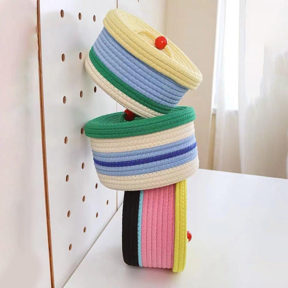 Cotton Rope Storage Basket with Lid - Beige and Blue - view 5