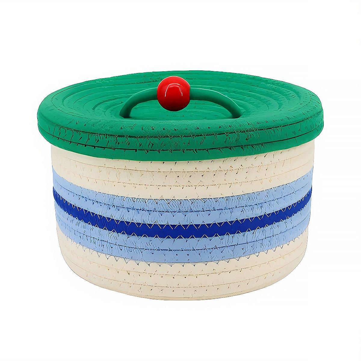 Cotton Rope Storage Basket with Lid - Green, Blue and Cream