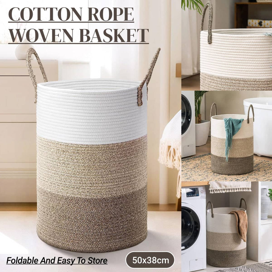 Cotton Rope Woven Storage Basket with Long Handles, 50 x 38 cm