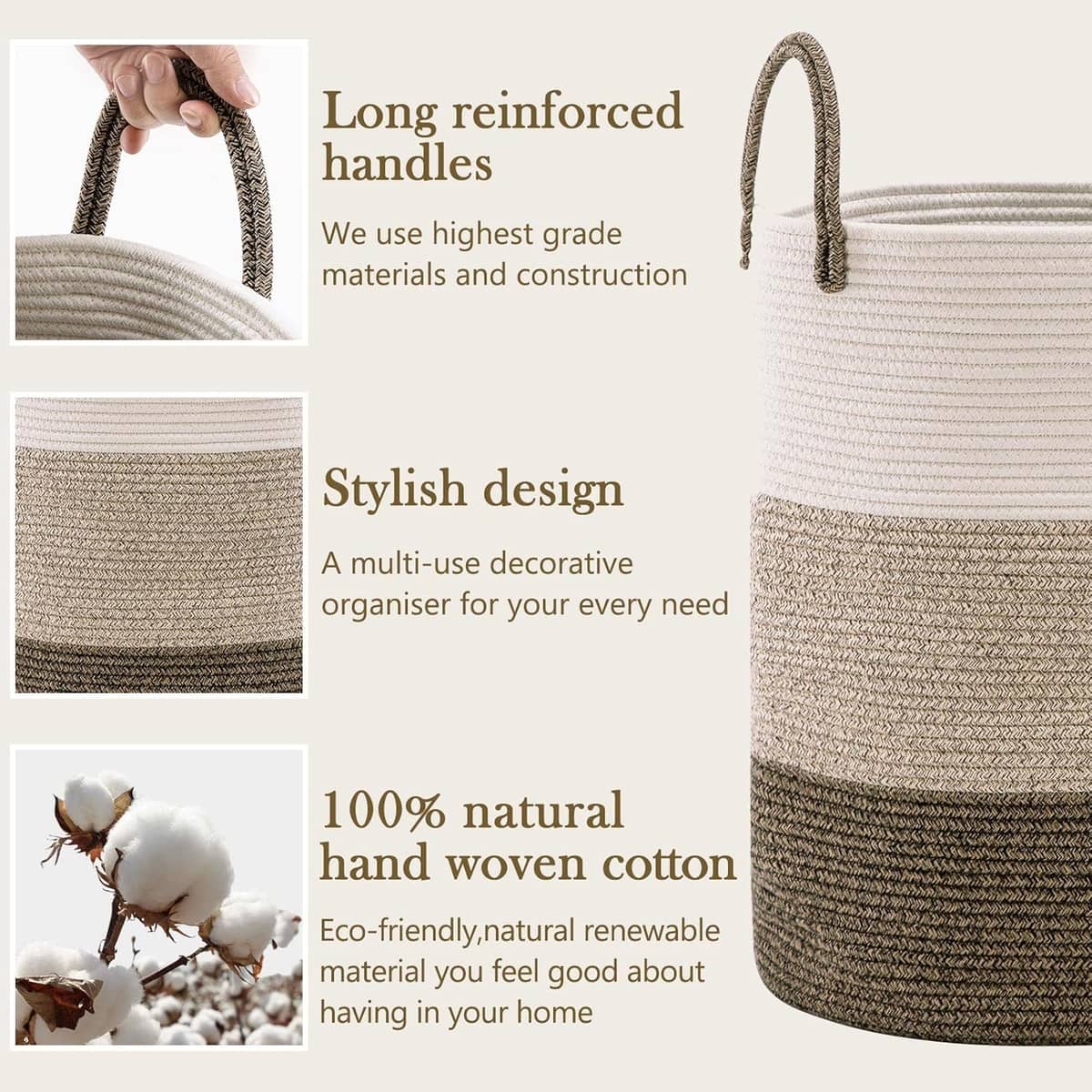 Cotton Rope Woven Storage Basket with Long Handles, 50 x 38 cm - view 4