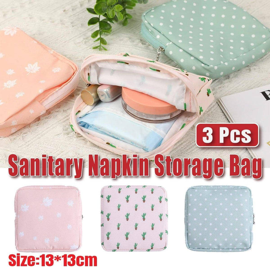 Cotton Sanitary Napkin Storage Pouch, Pack of 3 with Leaf, Cactus and Dot Designs