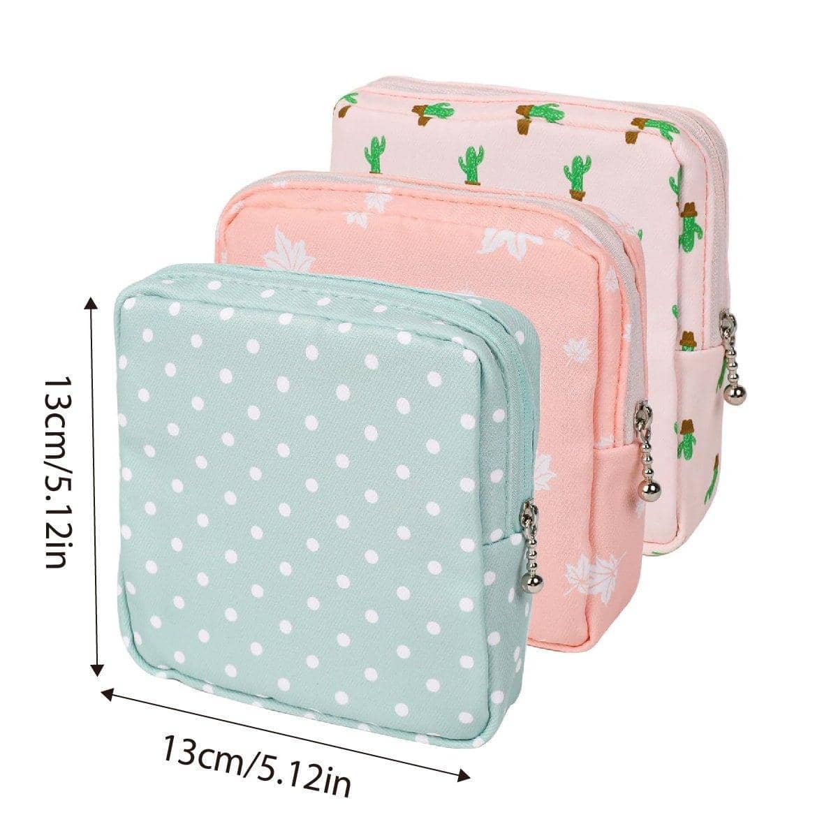 Cotton Sanitary Napkin Storage Pouch, Pack of 3 with Leaf, Cactus and Dot Designs - view 3