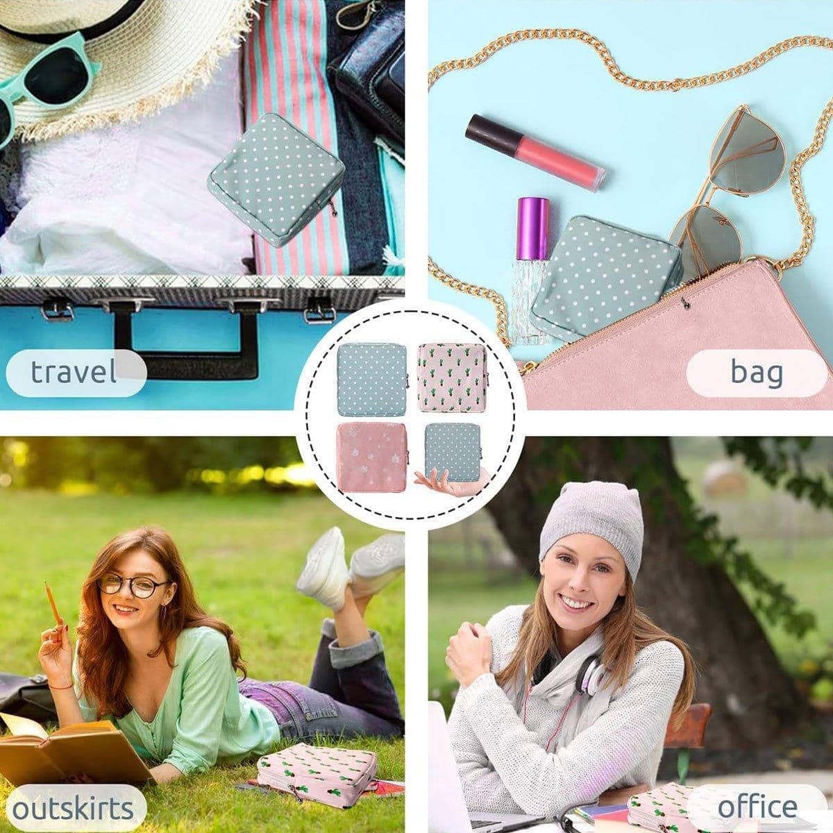 Cotton Sanitary Napkin Storage Pouch, Pack of 3 with Leaf, Cactus and Dot Designs - view 5