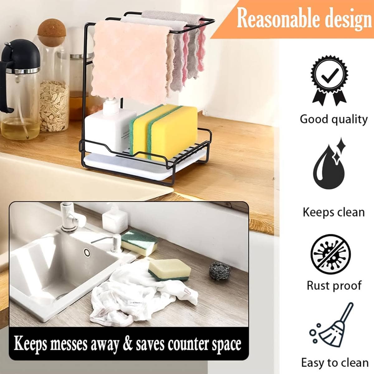 Countertop Kitchen Sink Caddy Organiser with Drain Rack and Cloth Rail - view 4