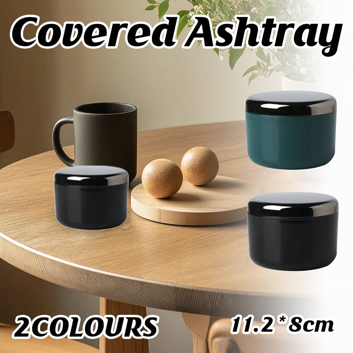 Covered Ashtray with Lid, Minimalist Ash Proof 11.2 x 8 cm - Black - view 2