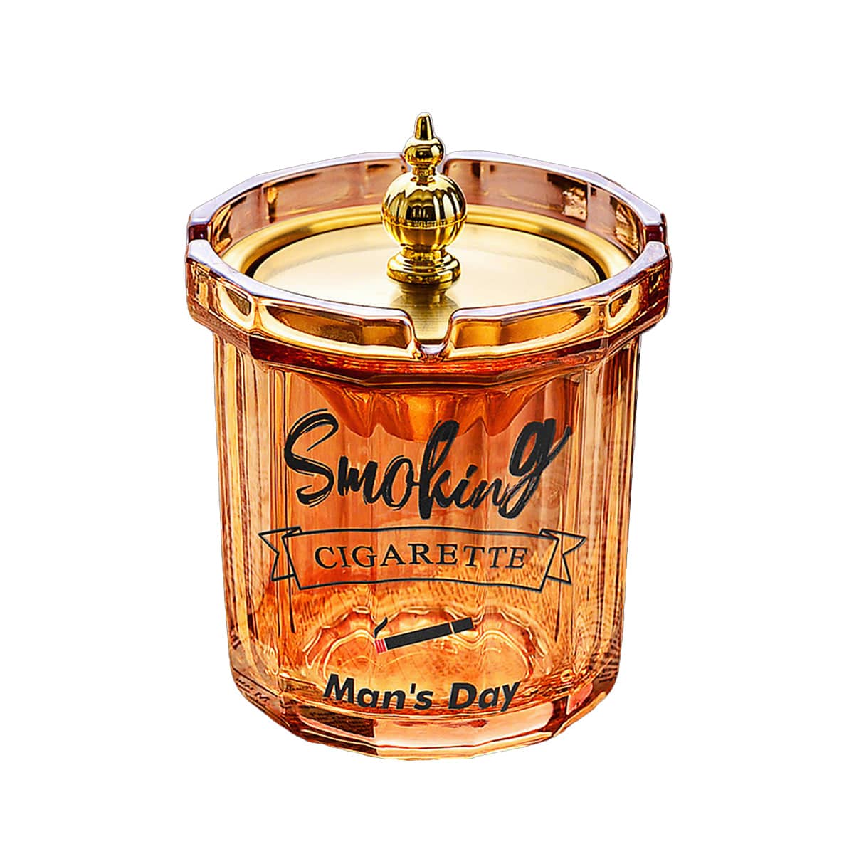 Covered Stainless Steel Ashtray with Anti-Ash Funnel and Glass Body - Amber