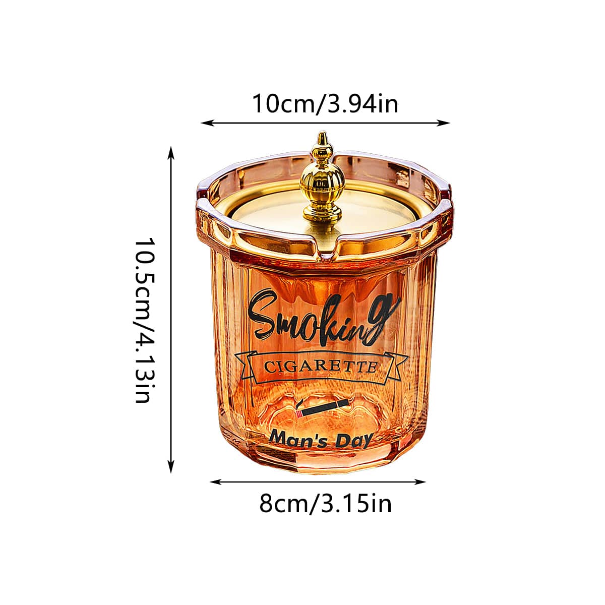 Covered Stainless Steel Ashtray with Anti-Ash Funnel and Glass Body - Amber - view 4