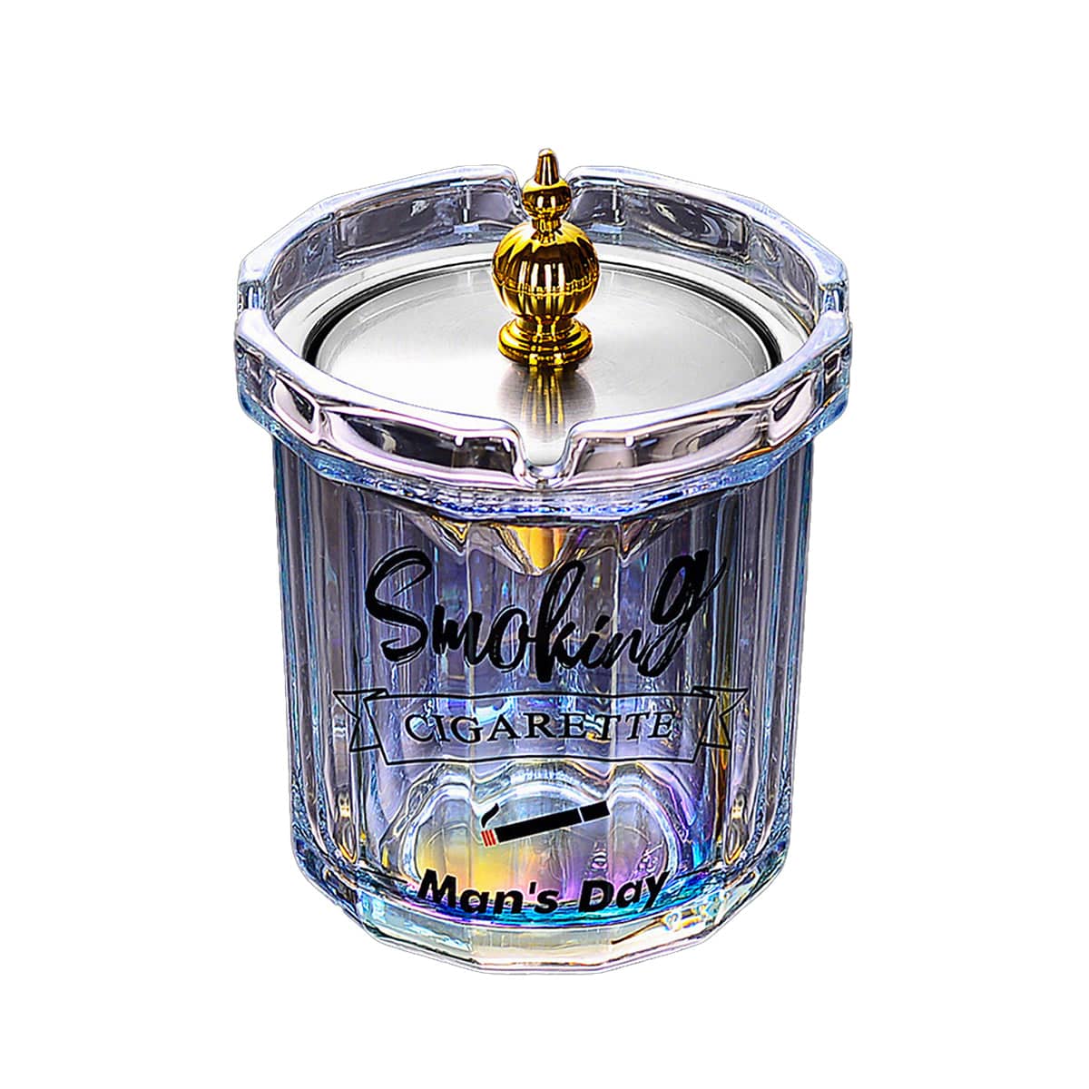 Covered Stainless Steel Ashtray with Anti-Ash Funnel and Glass Body - Iridescent