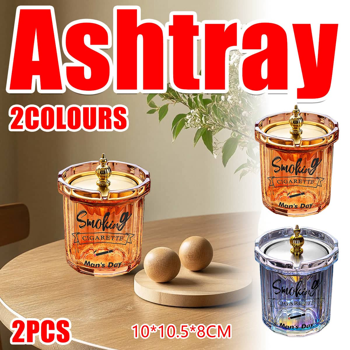 Covered Stainless Steel Ashtray with Anti-Ash Funnel and Glass Body - Iridescent - view 2
