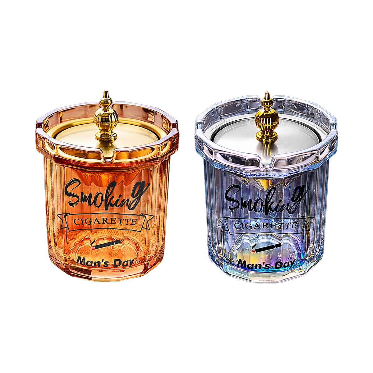 Covered Stainless Steel Ashtray with Anti-Ash Funnel and Glass Body - Iridescent - view 3