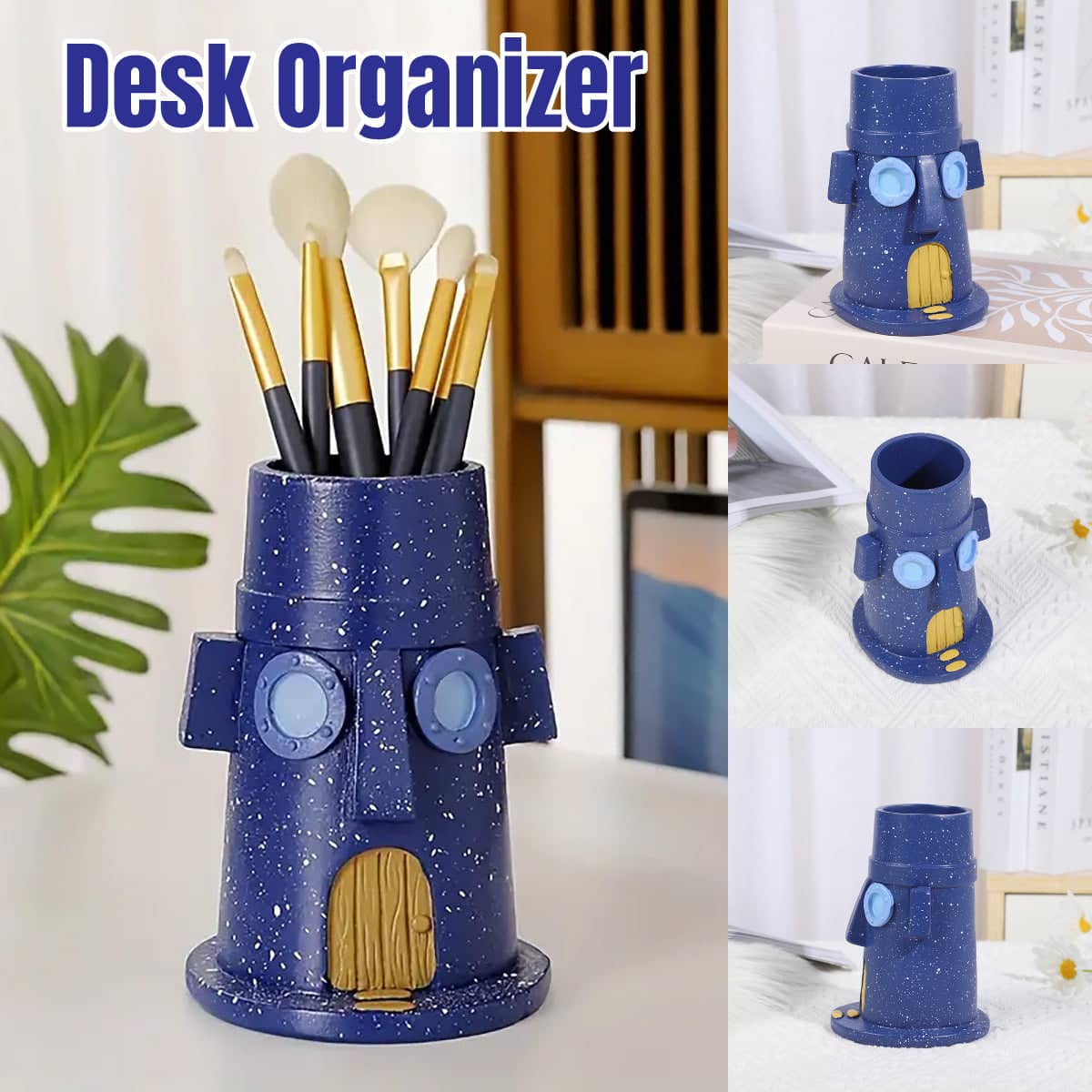 Creative Resin Pen Holder and Desk Organiser - Blue Speckled Face Design