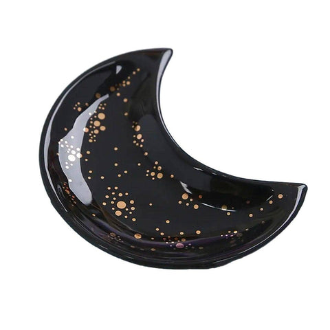 Crescent Moon Ceramic Jewellery Dish and Decorative Plate - Black with Gold Dots