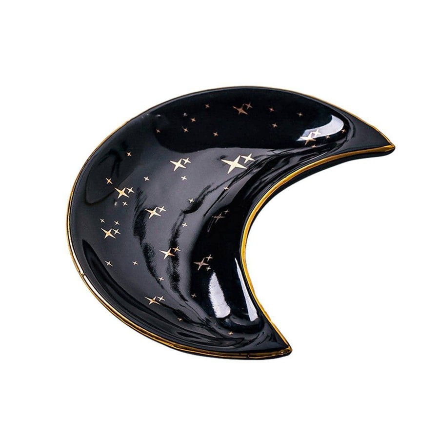Crescent Moon Ceramic Jewellery Dish and Decorative Plate - Black with Gold Stars and Gold Rim