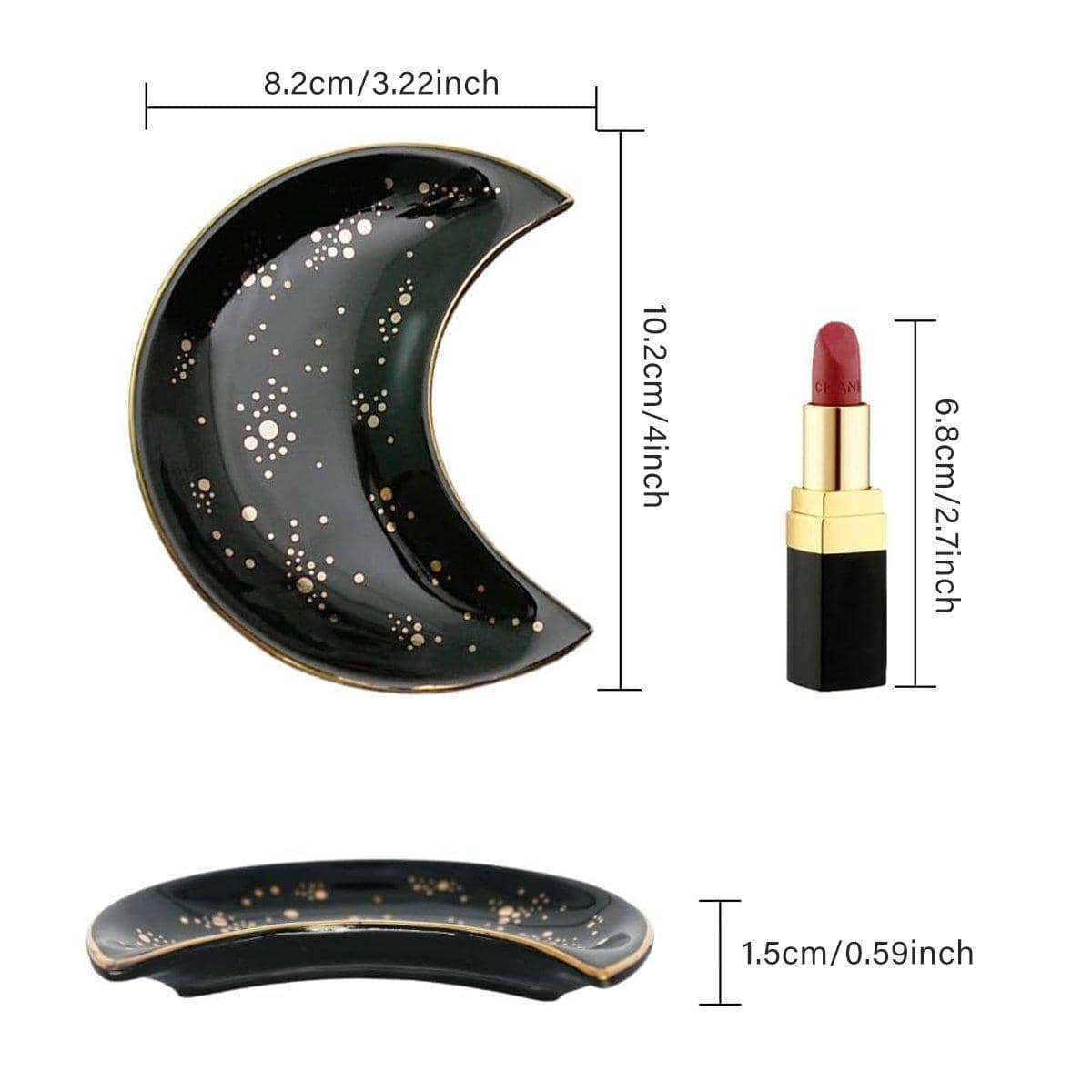 Crescent Moon Ceramic Jewellery Dish and Decorative Plate - Black with Gold Stars and Gold Rim - view 4