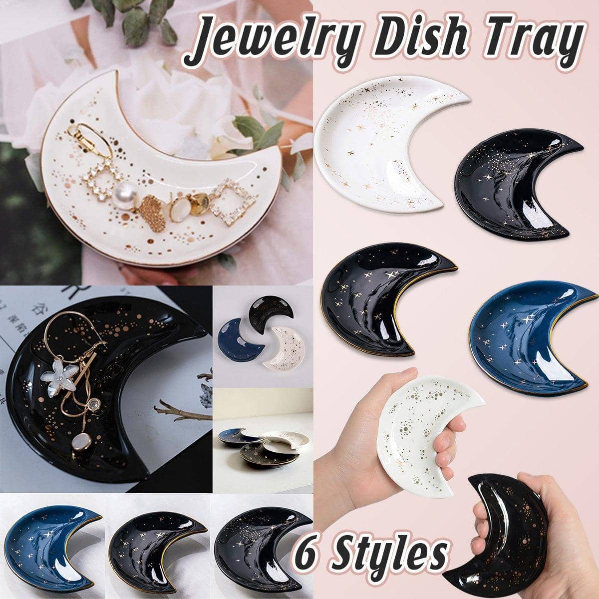 Crescent Moon Ceramic Jewellery Dish and Decorative Plate - Black with Gold Stars and Speckles - view 2
