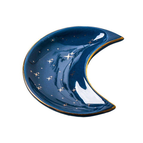 Crescent Moon Ceramic Jewellery Dish and Decorative Plate - Blue with Gold Stars and Gold Rim