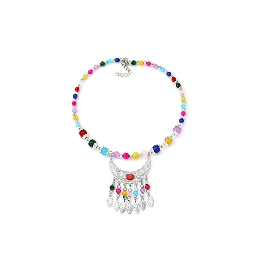Crescent Moon Pendant Beaded Necklace - Multicolour