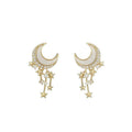 Crescent Moon Stud Earrings for Women - Gold-Tone with Dangling Stars