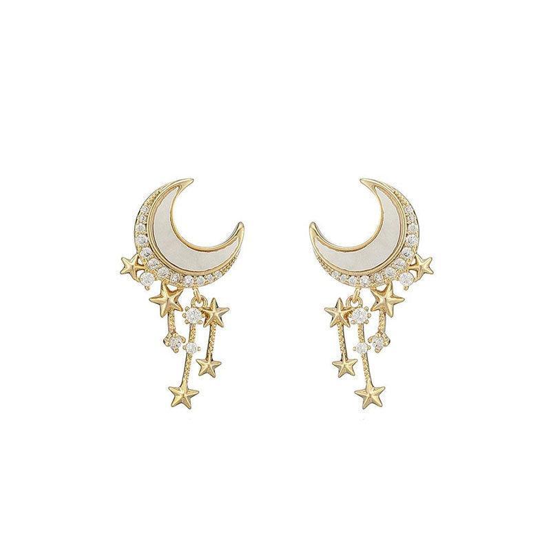 Crescent Moon Stud Earrings for Women - Gold-Tone with Dangling Stars