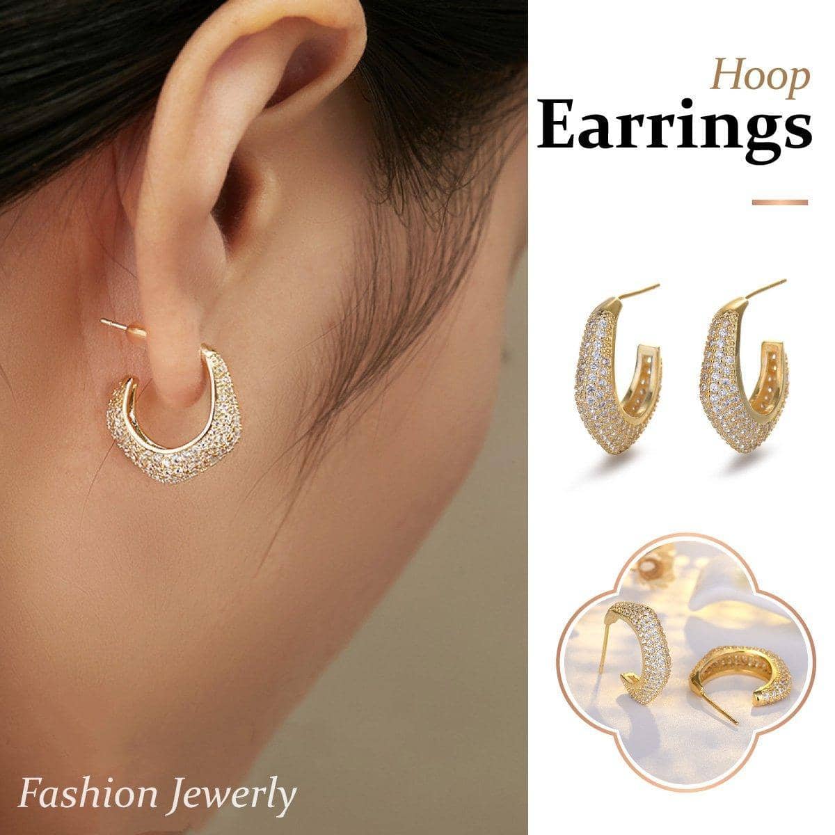 Crescent Moon Stud Earrings for Women, Gold-Tone Zircon Fashion Jewellery