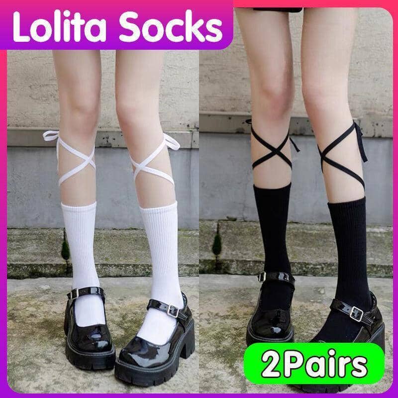 Cross-Tie Lolita Socks for Women, Mid-Calf Cotton - White and Black, 2 Pairs - view 2