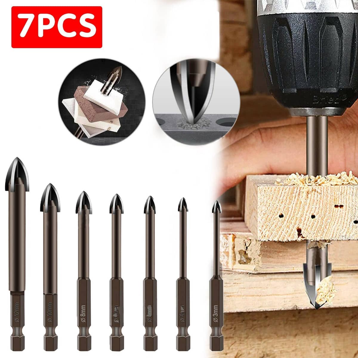 Cross Tip Glass and Tile Drill Bit Set - 7 Sizes from 3 mm to 12 mm