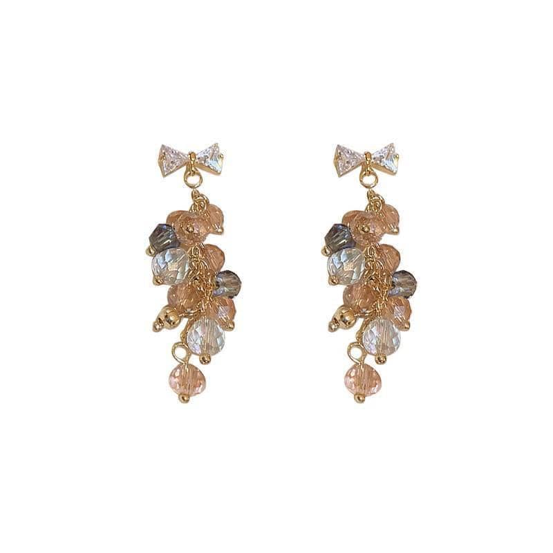 Crystal Bead Drop Earrings - Gold Bow with Peach Beads