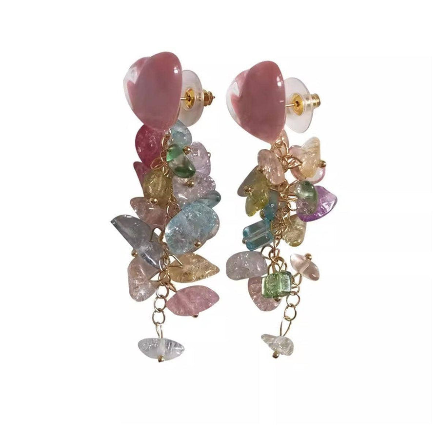 Crystal Chip Drop Earrings - Pink Heart with Multicolour Stones