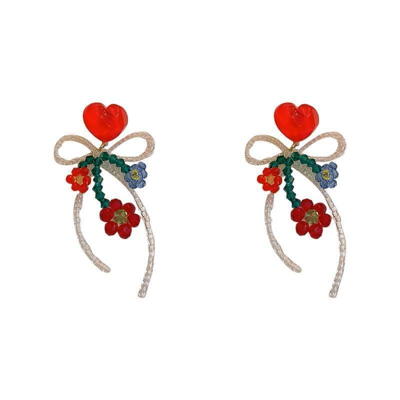 Crystal Drop Earrings - Red Heart and Flower Bow