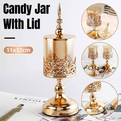 Crystal Glass Candy Jar with Gold Rose Lace Lid, Decorative Storage Jar