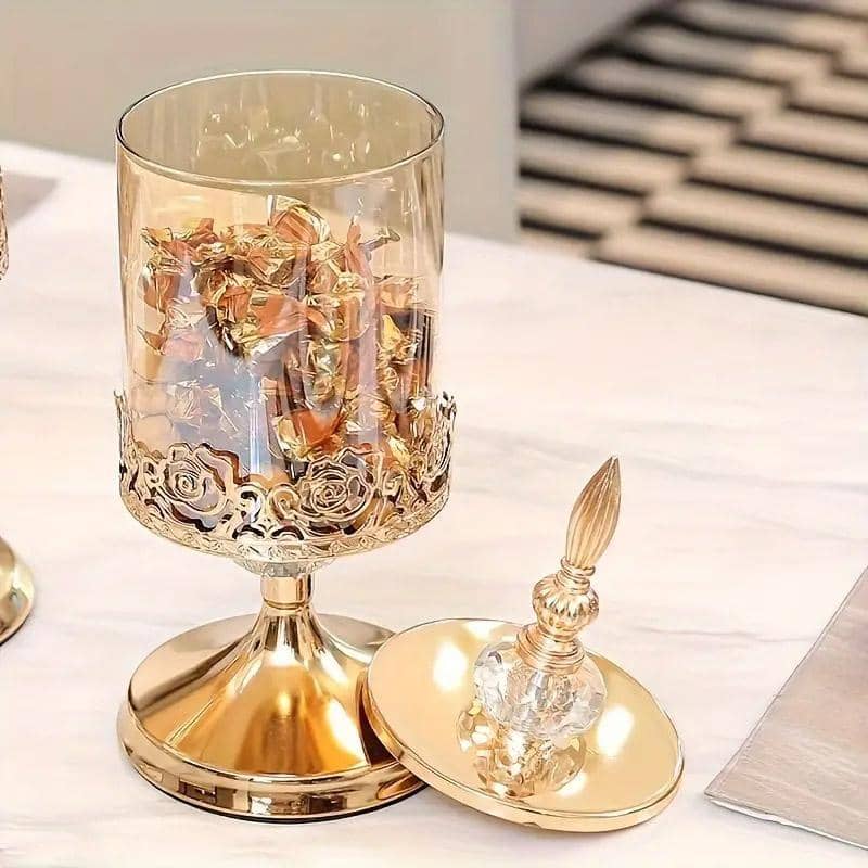 Crystal Glass Candy Jar with Gold Rose Lace Lid, Decorative Storage Jar - view 5