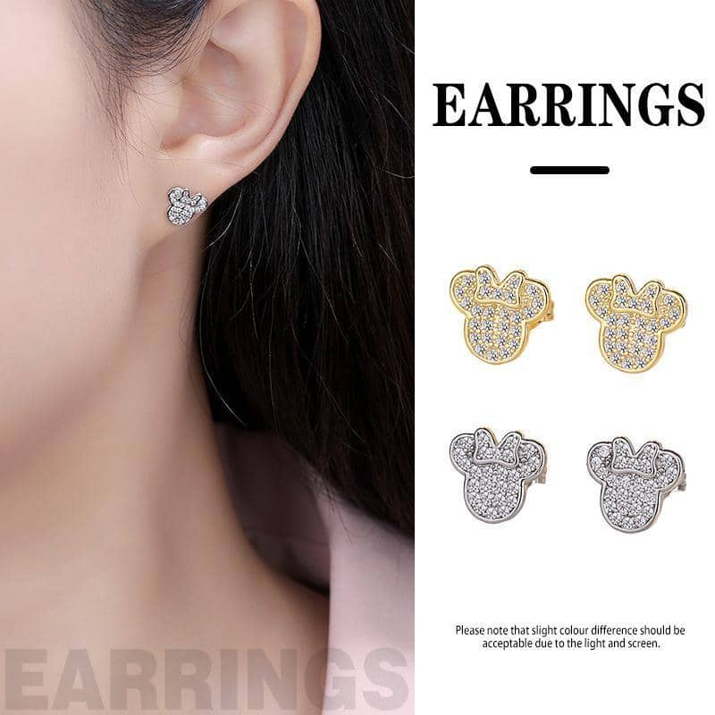 Crystal Mouse Stud Earrings with Bow - Gold - view 2