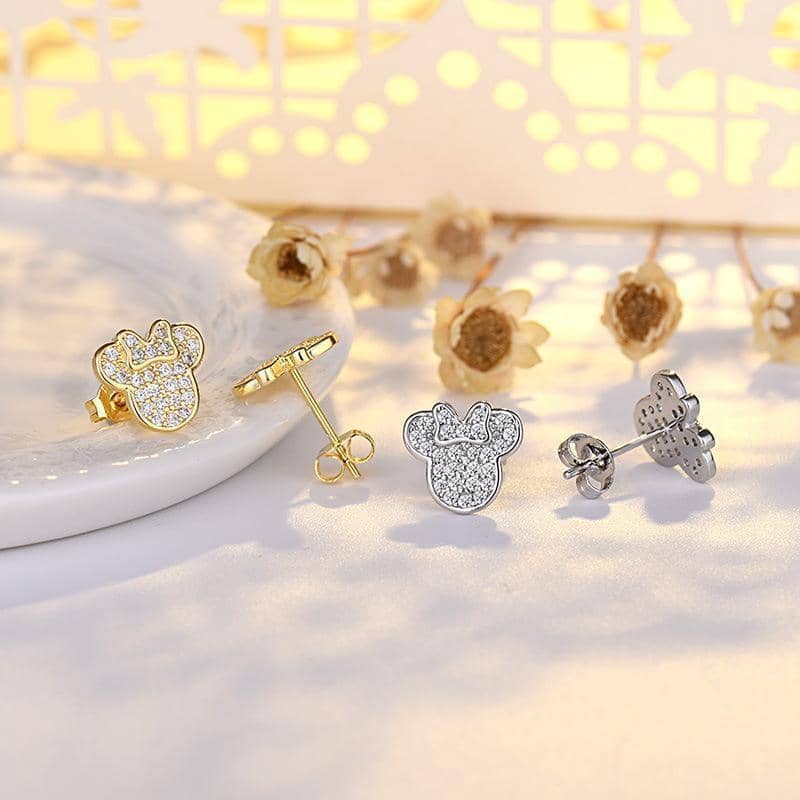 Crystal Mouse Stud Earrings with Bow - Gold - view 3