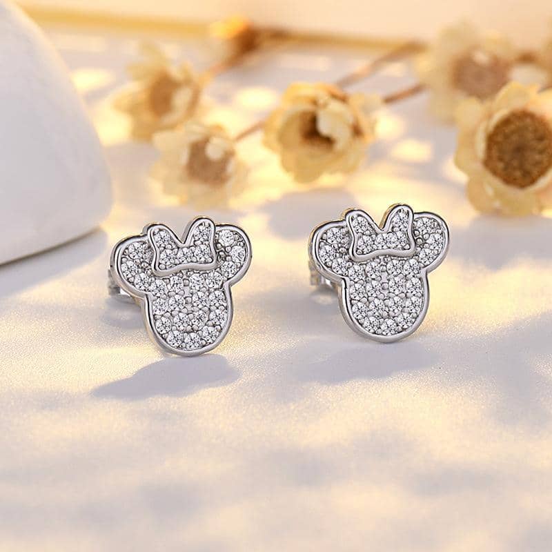 Crystal Mouse Stud Earrings with Bow - Gold - view 4