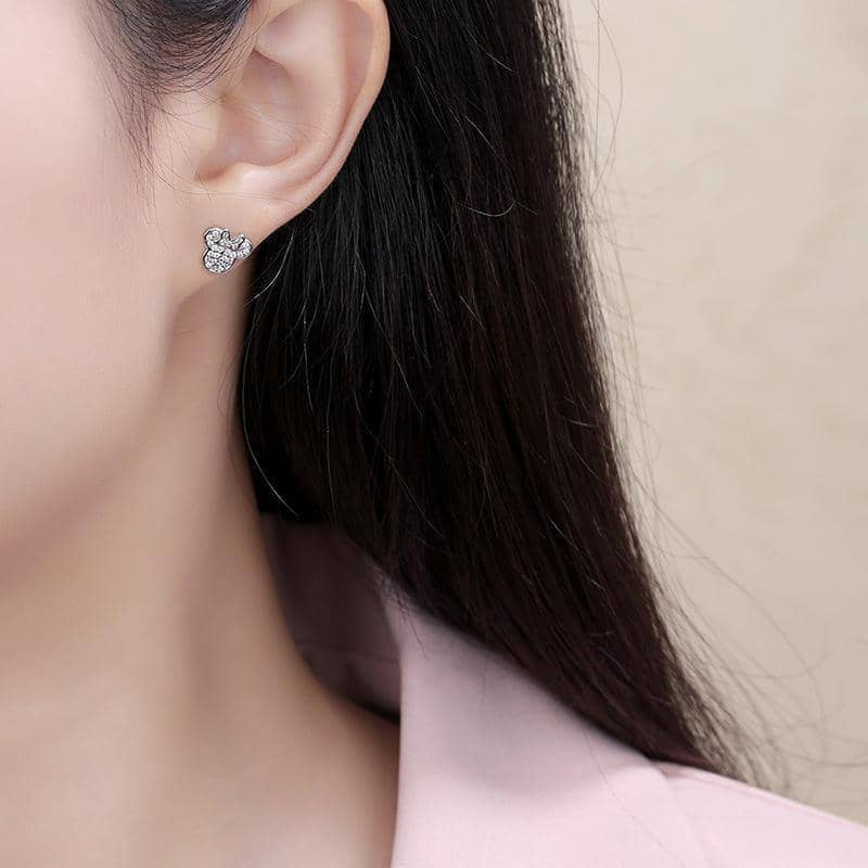 Crystal Mouse Stud Earrings with Bow - Gold - view 5