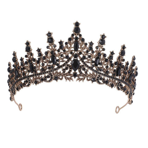 Crystal Rhinestone Tiara Crown - Antique Gold with Black Crystals