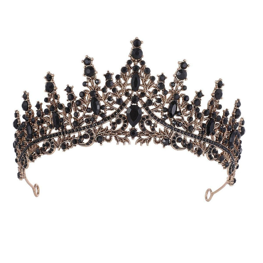 Crystal Rhinestone Tiara Crown - Antique Gold with Black Crystals