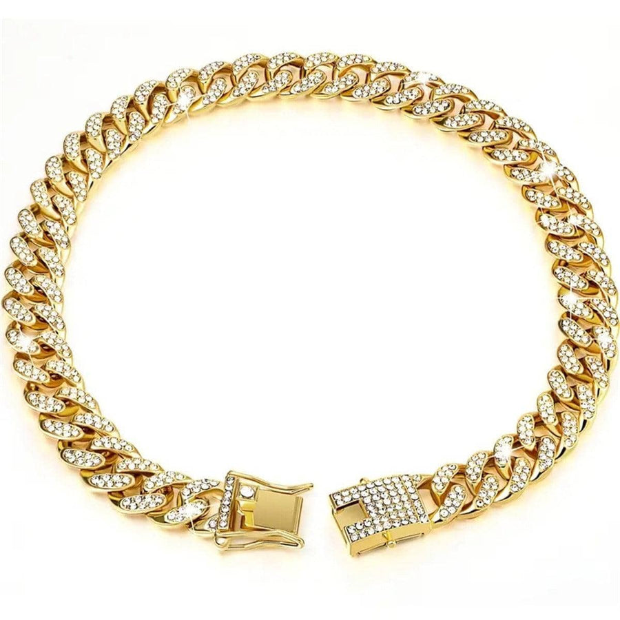 Cuban Chain Dog Collar with Artificial Diamonds - Gold, 50 cm (20 Inch)