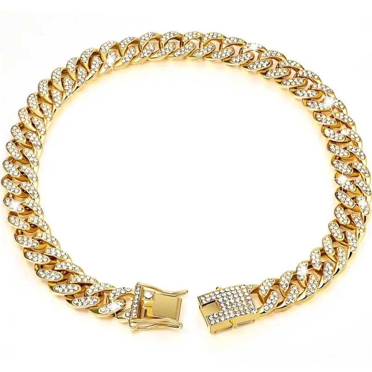 Cuban Chain Dog Collar with Artificial Diamonds - Gold, 60 cm (24 Inch)