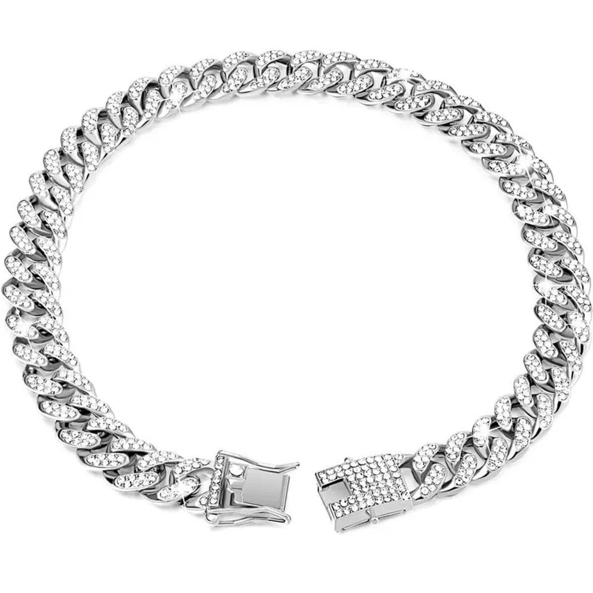 Cuban Chain Dog Collar with Artificial Diamonds - Silver, 50 cm (20 Inch)