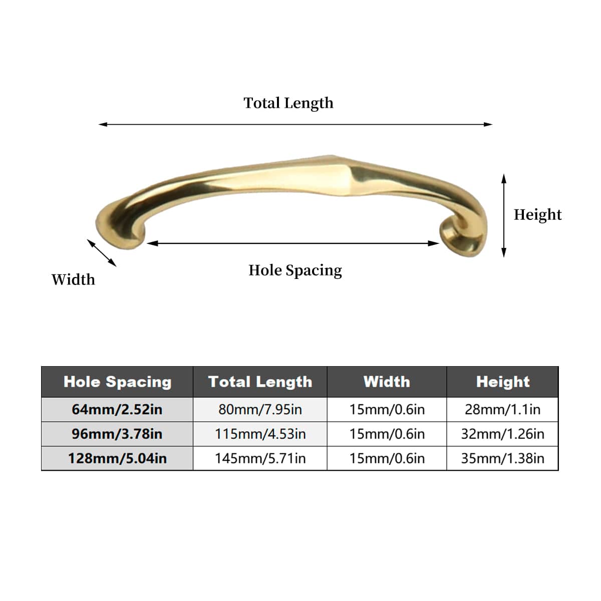 Curved Brass Cabinet Handle, 128 mm Hole Spacing - Gold, 145 mm Long - view 4