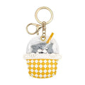 Cute Animal Drink Cup Keychain - Grey Cat, Yellow Check