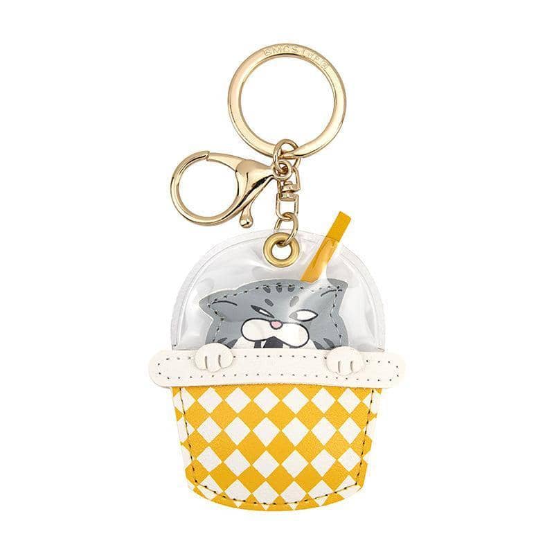 Cute Animal Drink Cup Keychain - Grey Cat, Yellow Check