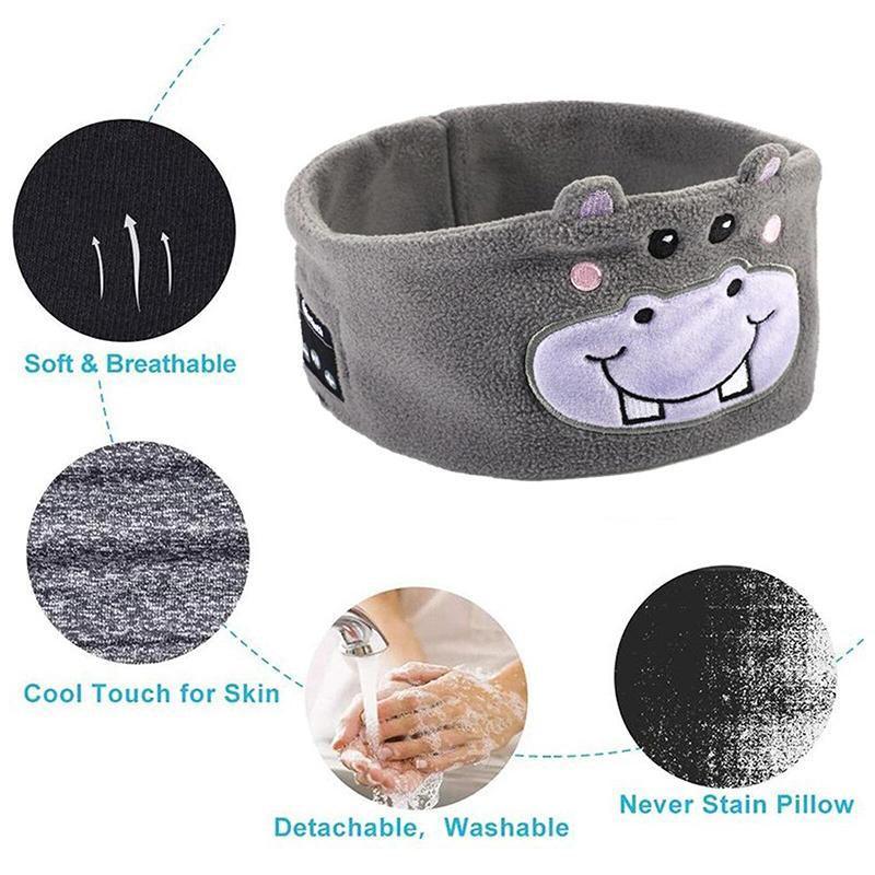 Cute Bluetooth Headband Headphones with Mic for Sleep and Music - Grey Hippo - view 5