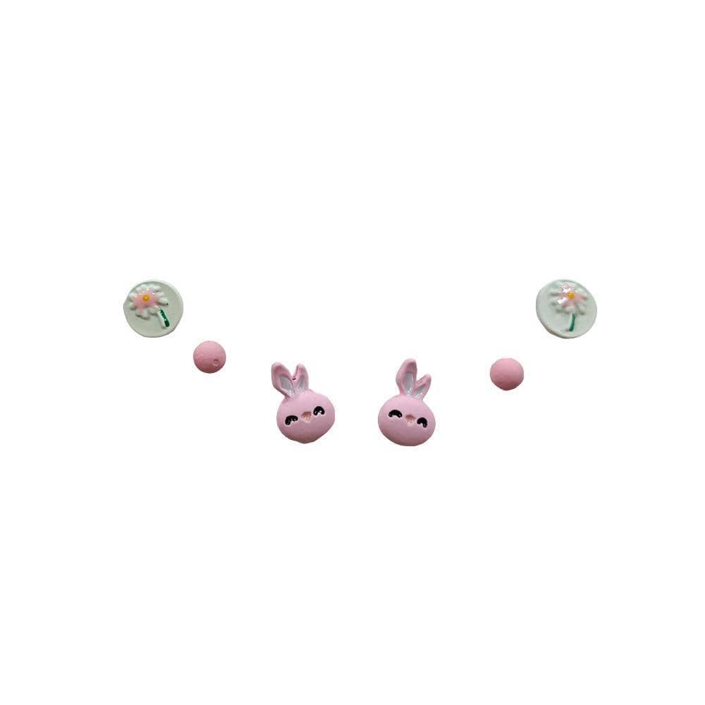 Cute Stud Earrings Set for Women and Girls - Bunny, Daisy and Pink Ball, 3 Pairs
