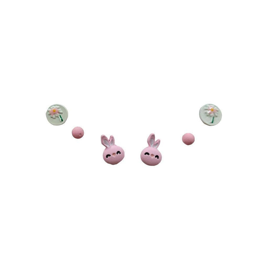 Cute Stud Earrings Set for Women and Girls - Bunny, Daisy and Pink Ball, 3 Pairs