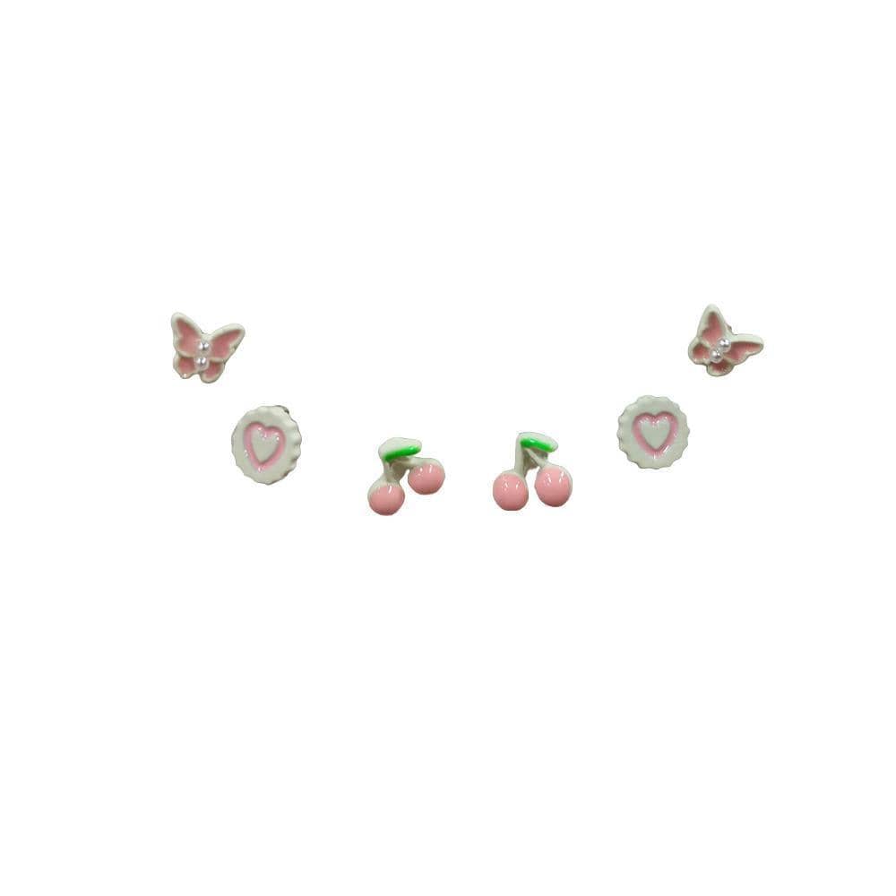 Cute Stud Earrings Set for Women and Girls - Butterfly, Heart and Cherry, 3 Pairs