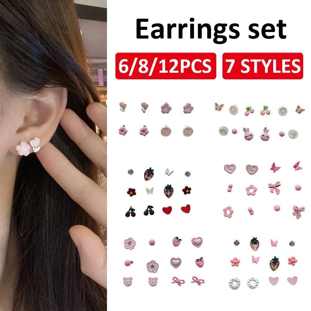 Cute Stud Earrings Set for Women and Girls - Butterfly, Heart and Cherry, 3 Pairs - view 2